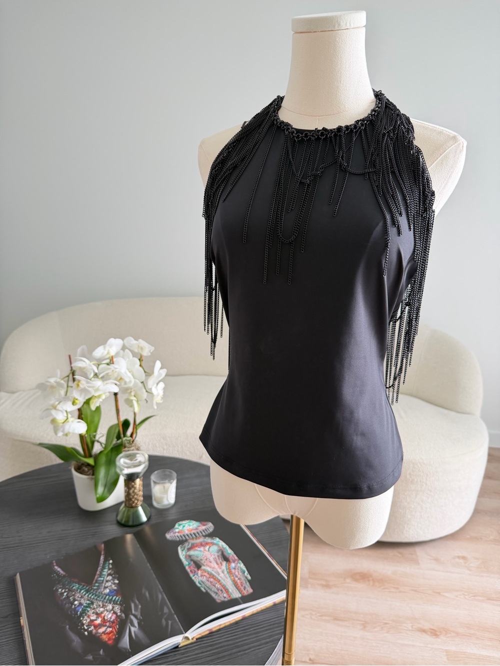 Versace Black Chain Fringe Halter Top Open Back Made In Italy IT 44